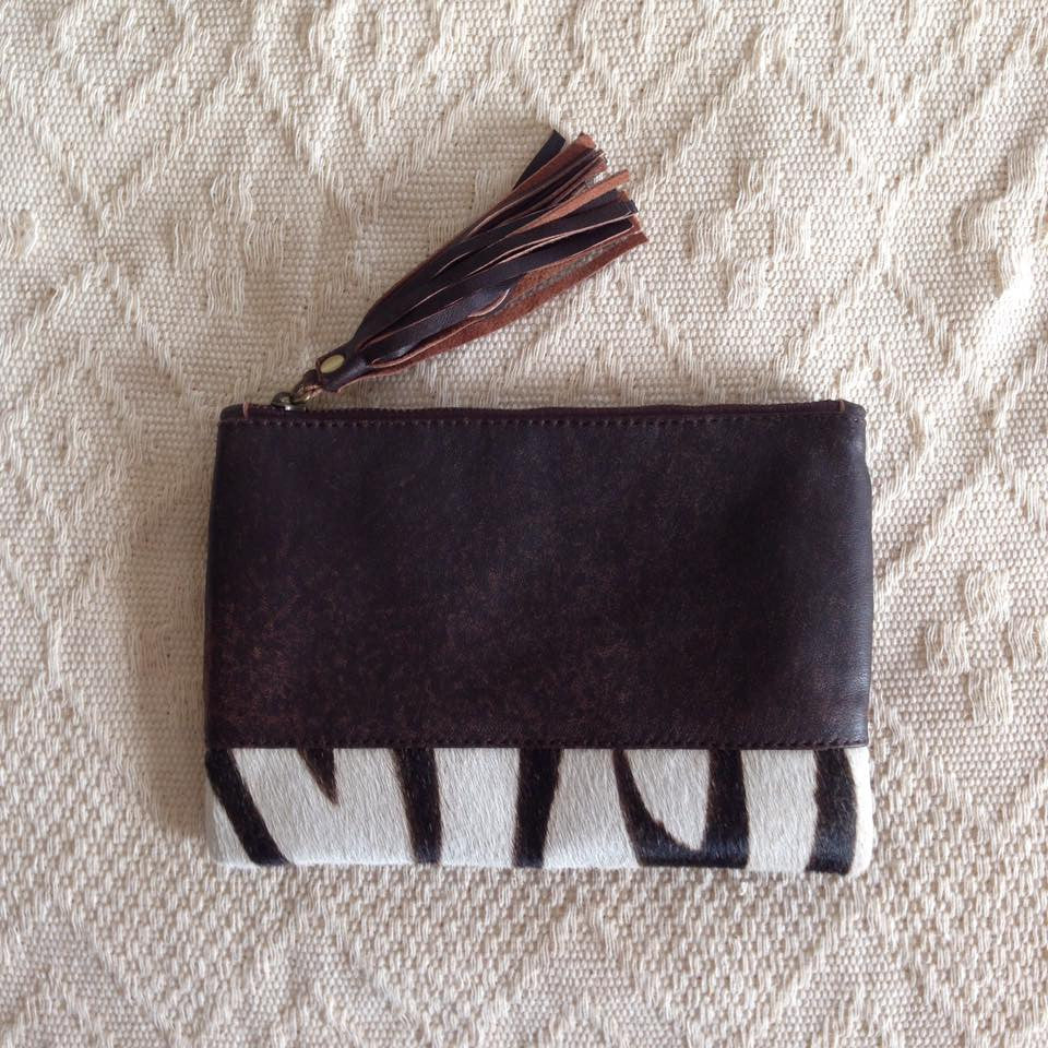 Elise Leather Pouch- Zebra Cowhide/Vintage Brown